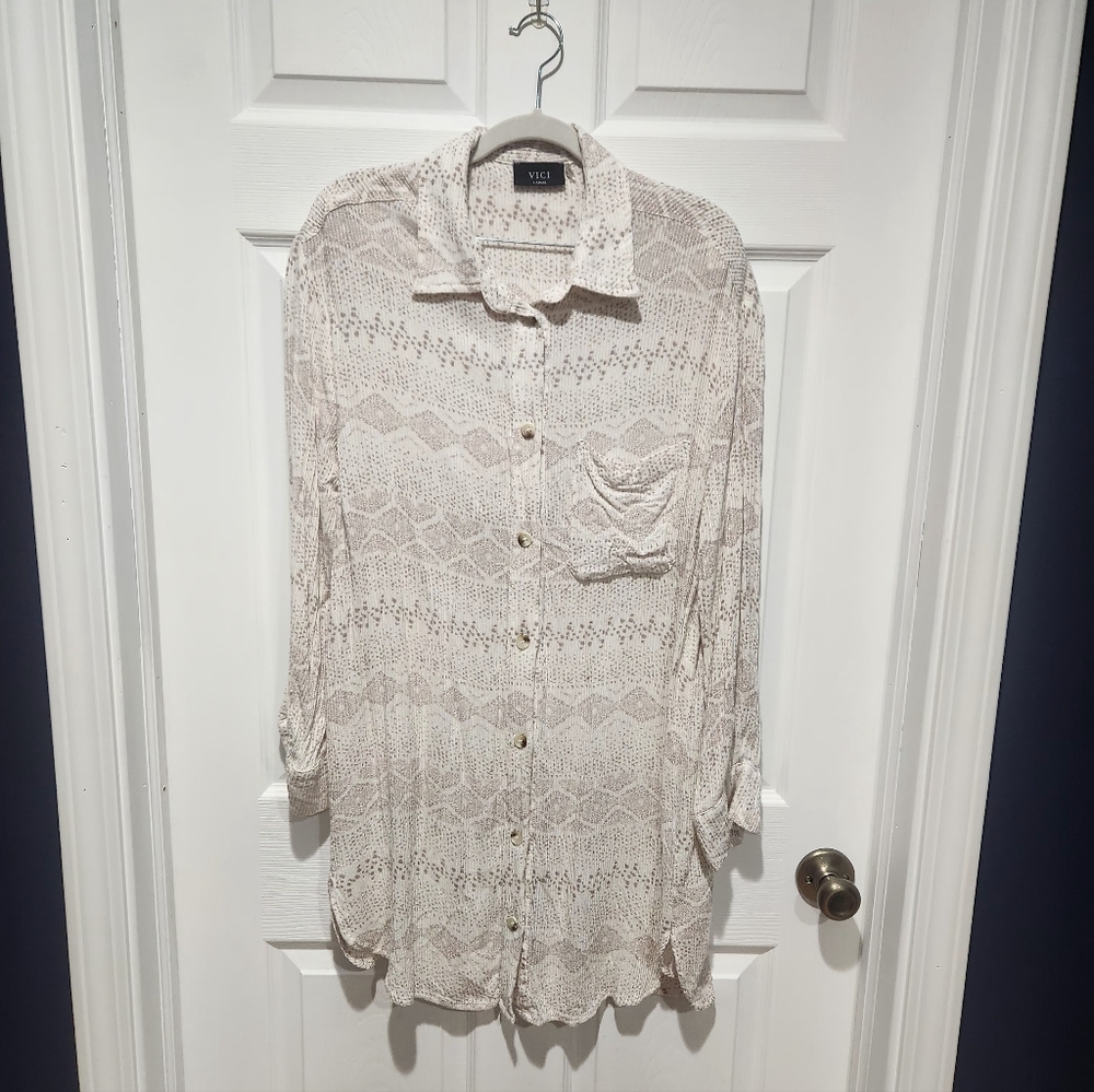 Vici Textured Cream and Brown Shirt Dress
